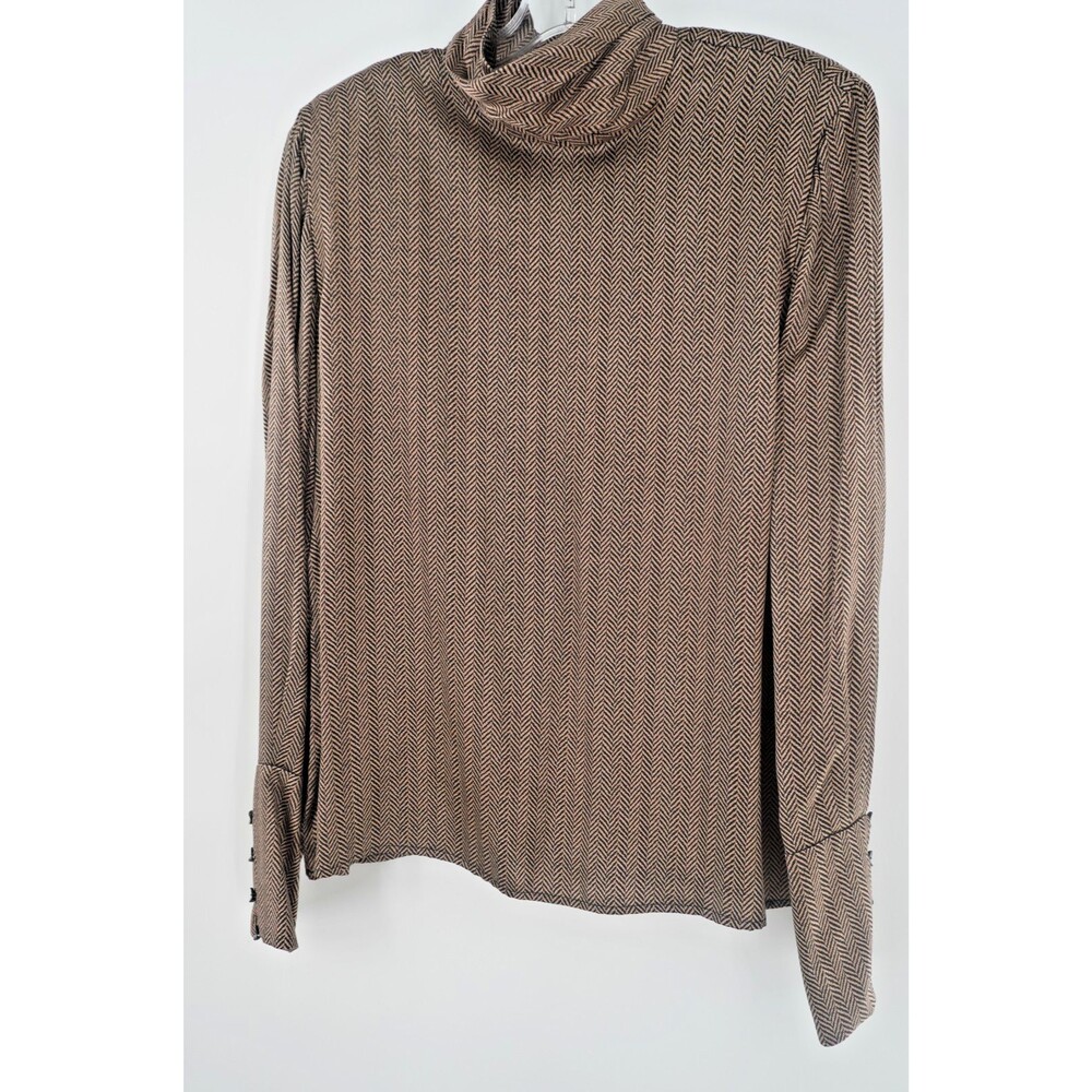 Dana Buchman Size 14 Librarian Chic Ruched Neck 100% Silk Brown Herringbone Top